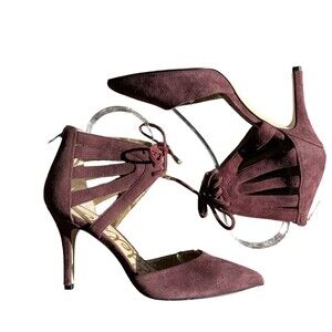 SAM EDELMAN Zachary Plum Pointy Lace-Up Ankle Cuff Back Zipper Heels Size 6.5